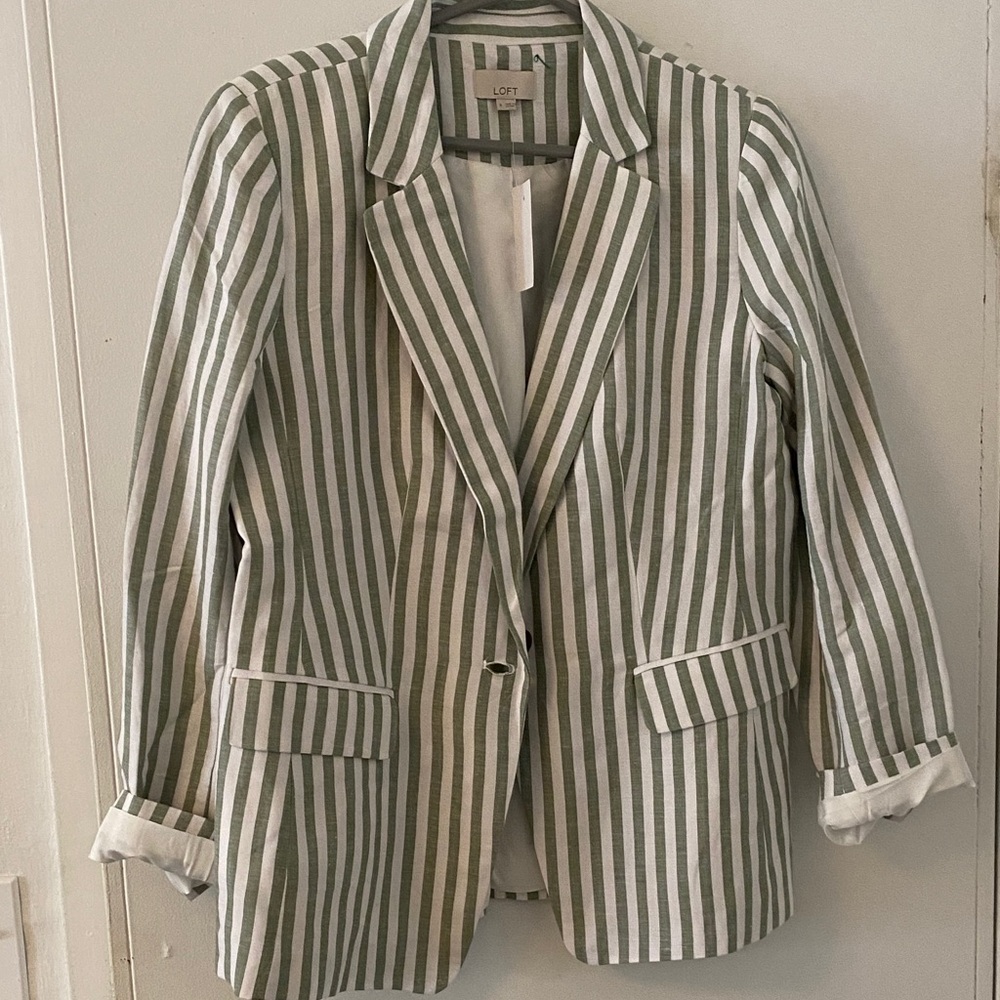 LOFT Women's Green and White Striped Blazer size 8